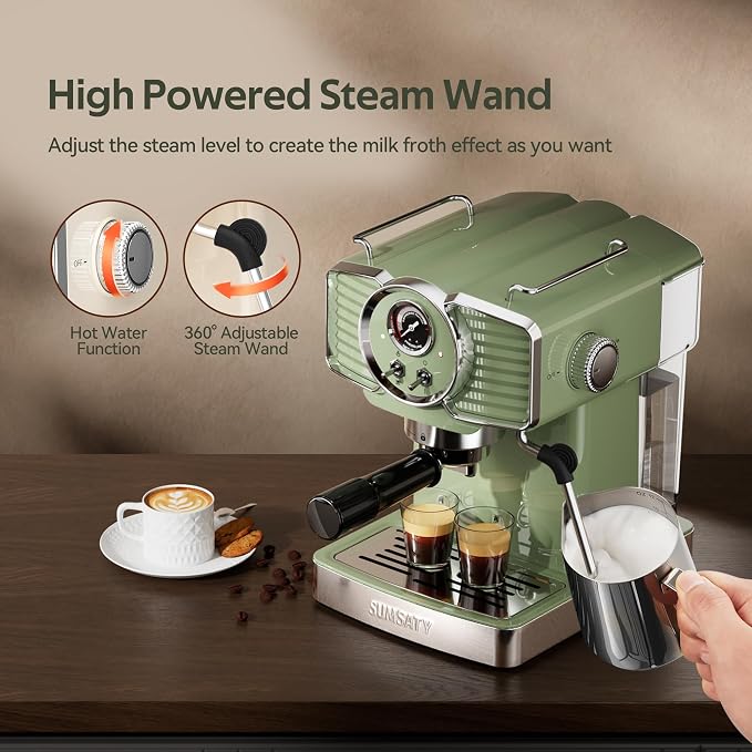 SUMSATY 20 Bar Espresso Machine Retro with Powerful Milk Frother, Green | Visual Pressure Gauge Espresso Coffee Machine 1350W Fast Heating Home Barista for Cappucino Latte Maker, 61oz Water Tank - Image 2