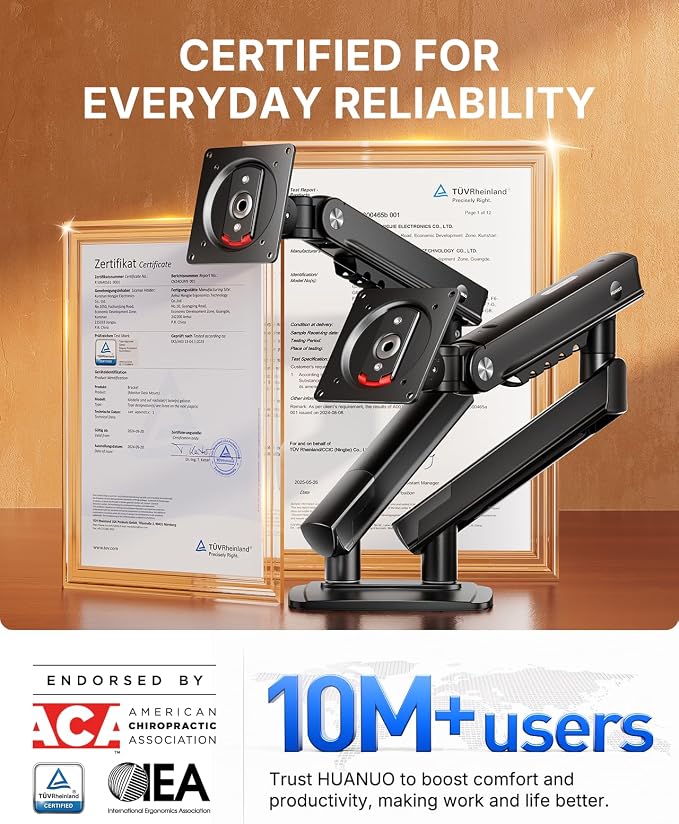 HUANUO FlowLift Pro Dual Monitor Mount for 13–32" Screens, MechaSpring Monitor Stand, Adjustable Monitor Arms for 2 Monitors with Tilt/Swivel/Rotation, Tool-Free VESA Mount, Max Load 19.8 lbs - Image 10