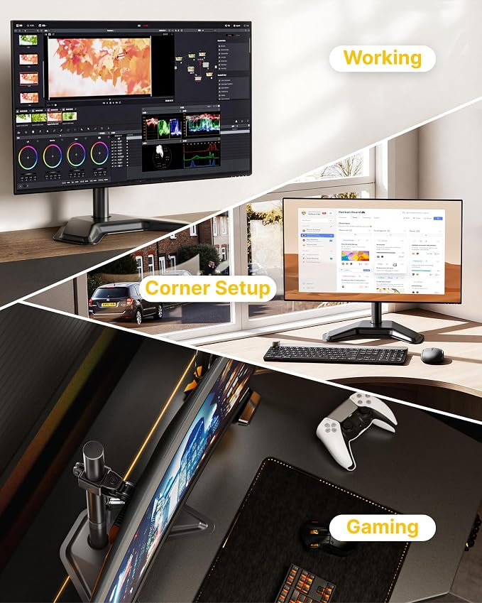 monTEK Freestanding Single Monitor Stand for 17-32" Screens, 22 lbs | Solid V-shaped base, single-screen full-motion arms, height adjustment, tilt, swivel, rotation and VESA 75/100 - Image 2