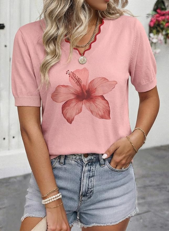 Dokotoo Womens Summer Short Sleeve Knit Tops 2026 Spring Trendy Casual V Neck Striped Sweater Blouses - Image 2