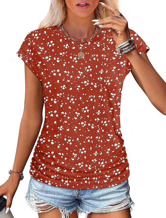 Sampeel Womens Summer Tops Trendy 2026 Ruched Cap Short Sleeve Tshirts Shirts Crew Neck T Shirts Fashion - Image 2