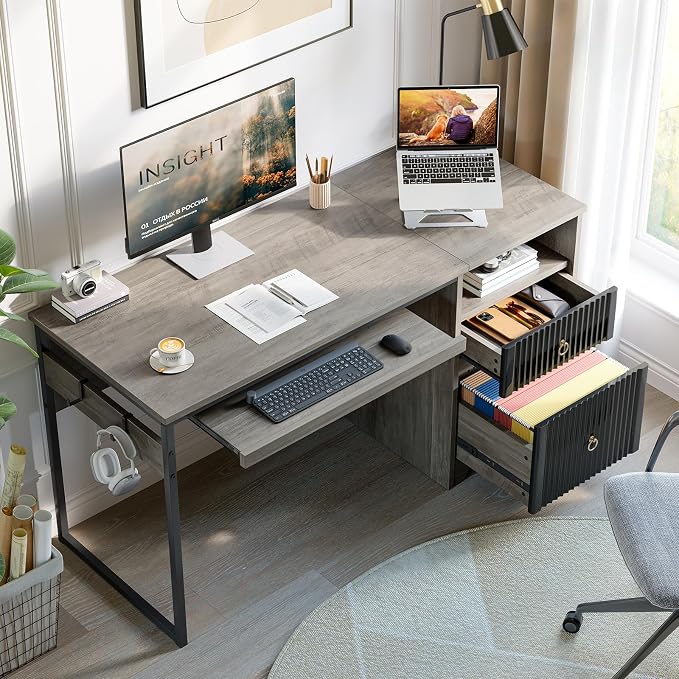 Bestier 55Inch Modern Fluted Desk with Drawers & Keyboard Tray, Grey | 55 X 22 In Work Surface, File Drawer, Reversible Pedestal, Fluted Panels And Keyboard Tray For Home Office Storage. - Image 9