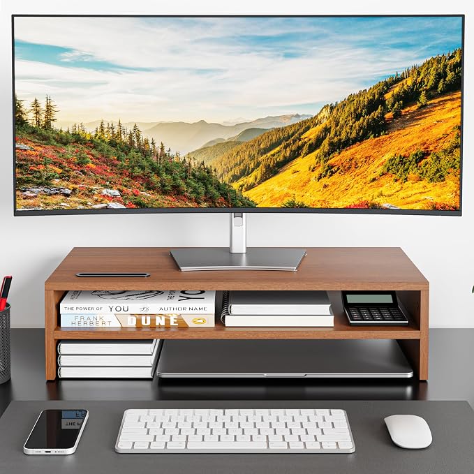 BONTEC Wood Monitor Stand Riser, 2-Tier Desktop Organizer | Ergonomic Computer Stand for Desk, Cable Management, Cellphone Holder, 21.3 Inch Shelf, Walnut - Image 2