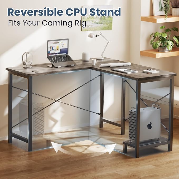 DUMOS 50-Inch Reversible L Shaped Desk with CPU Shelf, Grey | Computer Desk with Sturdy Metal Frame, Corner Gaming Desk, Home Office Desk for Study, Writing and Work, Sturdy Modern Design - Image 6