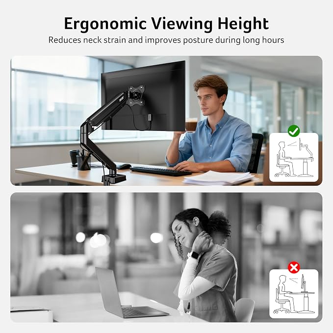 Acer Single Monitor Mount, Fully Adjustable Monitor Arm Fits 17 to 34 Inch Screens, Gas Spring VESA Mount with C-Clamp & Grommet Base, Computer Desk Arm with Tilt Swivel Rotate Supports 4.4-19.8 lbs - Image 7