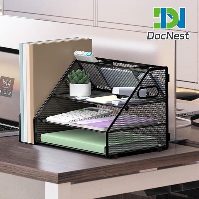 Docnest 3 Tier Desk Organizer with File Holder & Pen Holder, Black | Features 3 built-in pen holders with removable dividers. Space-saving mesh storage for office mail, files & stationery - Image 7
