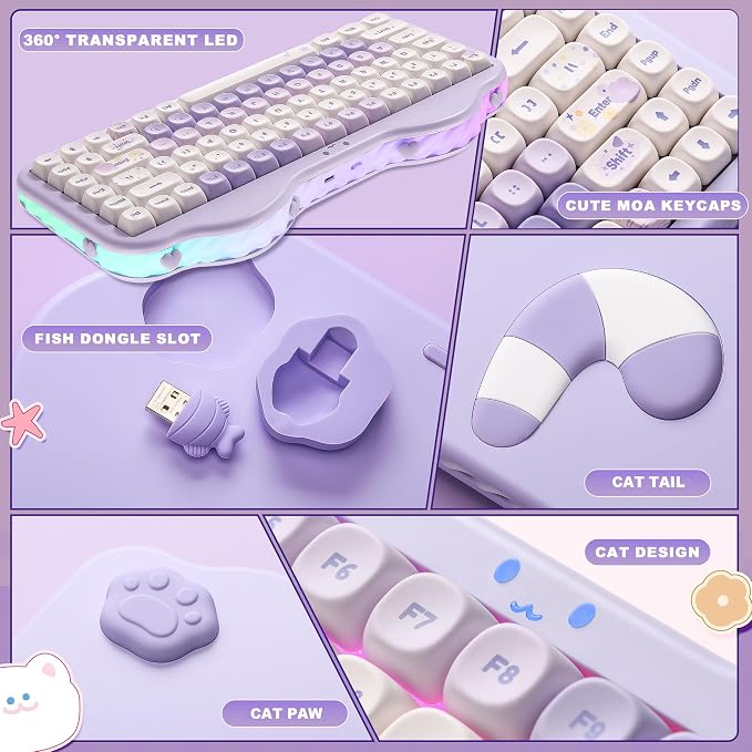 YUNZII C75 Cute 75% Wireless Mechanical Keyboard (Purple, Candy Switch) | Creamy Cake Keyboard, BT5.0/2.4G/USB-C, Hot-Swap, NKRO, PBT MOA Keycaps,5500mAh RGB Gasket Mount for Mac/Win/Gaming/Office - Image 8