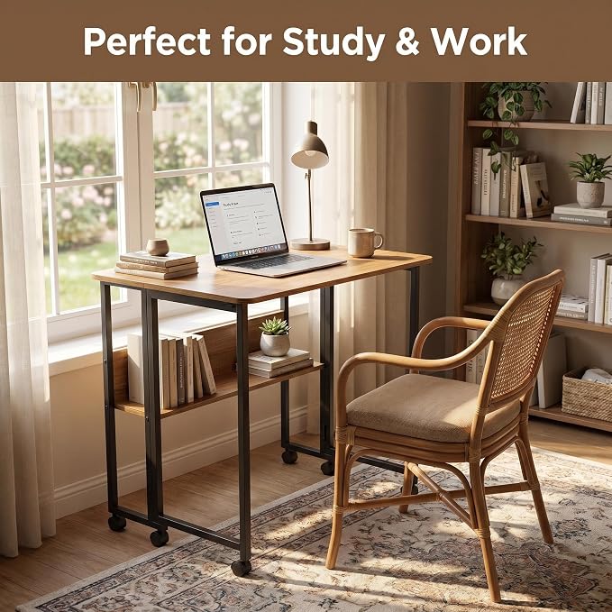 Mobile Foldable Computer Desk with Lockable Wheels & Fixed Foot Pads,Space Saving Folding Writing Gaming Table with Storage Shelf,Laptop Desk for Bedroom Small Apartment Office - Image 6