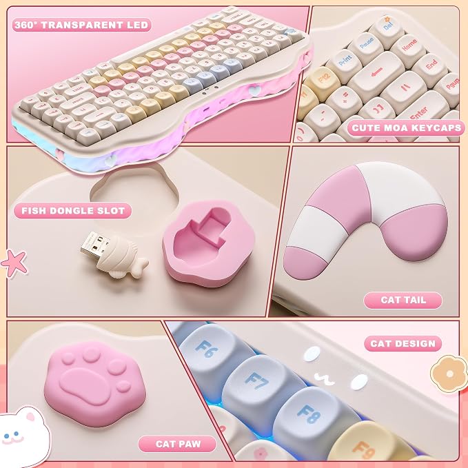 YUNZII C75 Cute 75% Wireless Mechanical Keyboard (Beige, Milk Switch) | Creamy Cake Keyboard, BT5.0/2.4G/USB-C, Hot-Swap, NKRO, PBT MOA Keycaps,5500mAh RGB Gasket Mount for Mac/Win/Gaming/Office - Image 8