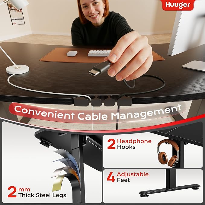 Huuger Electric Standing Desk with Power Outlets and USB-C Port, 39 X 24 Inch Height Adjustable Desk, Sit Stand Desk for Home Office, Computer & Gaming Desk with 4 Presets, Stable Steel Frame, Black - Image 6