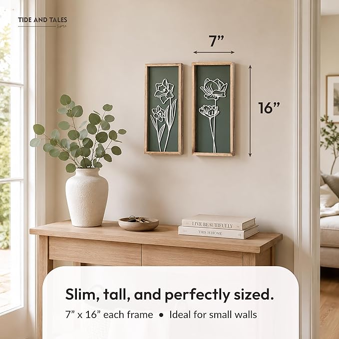 3D Floral Green Wall Art (Set of 2) Lightweight, Wooden Ready-to-Hang Boho Framed Wall Art for Bathroom, Bedroom, Living Room or Office – Premium Sage Green Farmhouse Decor – Gift-Boxed - Image 3
