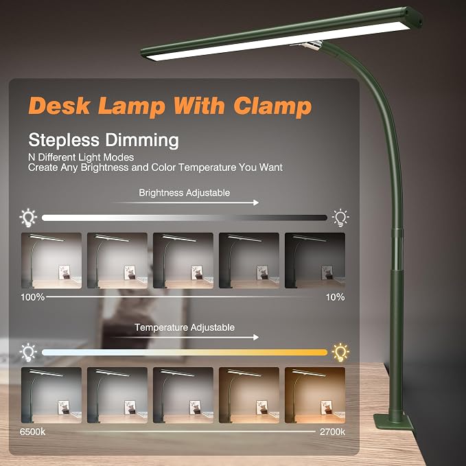 Airlonv LED Desk Lamp for Office Home, Eye-Caring Desk Light with Stepless Dimming Adjustable Flexible Gooseneck, 10W USB Adapter Desk Lamp with Clamp for Reading, Study, Workbench (Green) - Image 2
