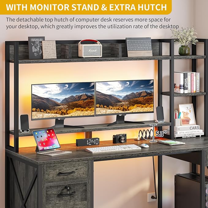 DWVO Computer Desk with Drawers & Hutch, 59.1" Office Desk with Power Outlets & LED Lights, Home Office Desk with Storage Shelves, Grey | Built-In Power Outlets, Led Lights, Hutch Shelves, Storage Drawers, for Home Office Work Study, Easy Assembly - Image 7