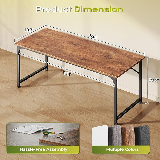 PRAISUN 55 Inch Computer Desk, Home Office Desk with Spacious Desktop, Rustic Brown - Image 3