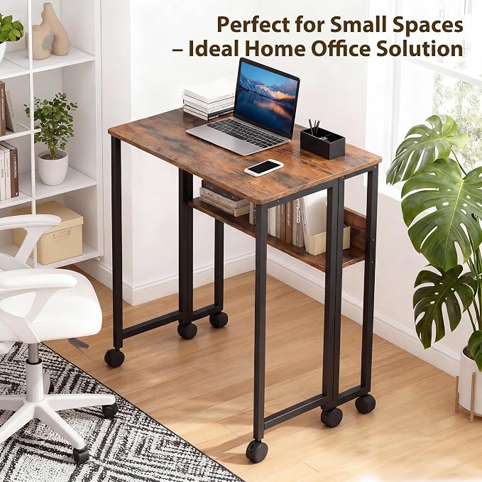 Folding Desk Small Rolling Desk with Storage Shelf,24.8 Inch Foldable Computer Table with Wheels,Portable Office Desk for Small Space Sofa Table,Easy to Fold,Writing Work Office Computer Desk,Walnut - Image 7