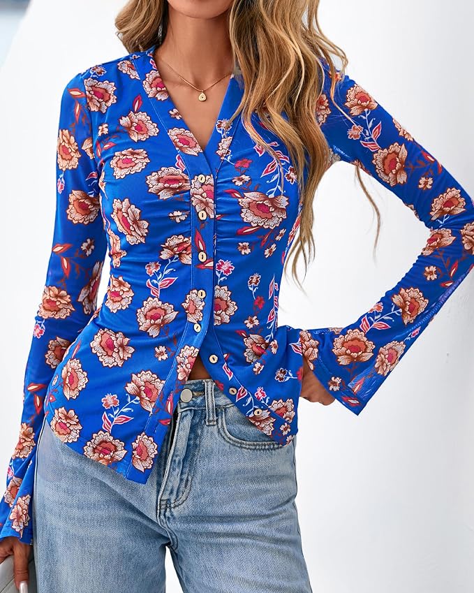 BTFBM Button Down Shirts for Women 2026 Fall Boho Tops V Neck Long Sleeve Blouses Ruched Mesh Fitted Fashion Clothing - Image 6