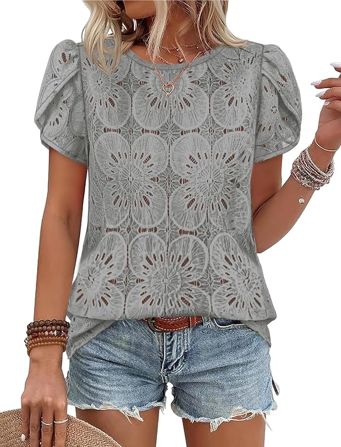OFEEFAN Blouses for Women Dressy Casual Petal Short Sleeve Shirts Crochet Lace Boho Tops Spring Fashion Summer Outfits by OFEEFAN