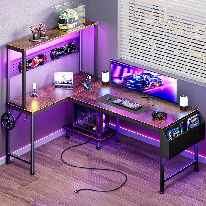 PRAISUN L Shaped Gaming Desk with LED Lights & Power Outlets, Reversible Computer Desk with Storage Shelves & Bag, Large Corner Home Office Desk with Pegboard for Work from Home, Rustic Brown by PRAISUN