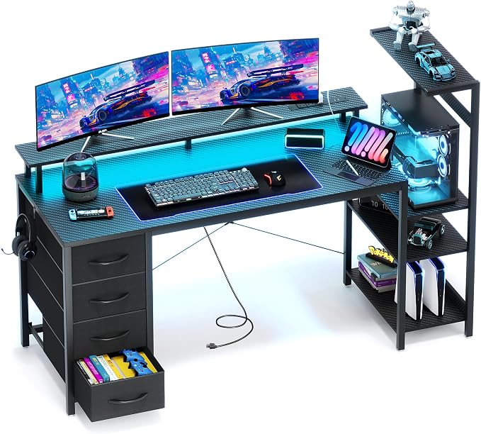 59 Inch Gaming Desk with Drawers & PC Tower Stand & LED Lights, Black | Reversible, Monitor Shelf, Power Outlets, Carbon Fiber, Mesa Gamer, Computer Desk with Storage, Gaming Table for Home Office by YOUDENOVA