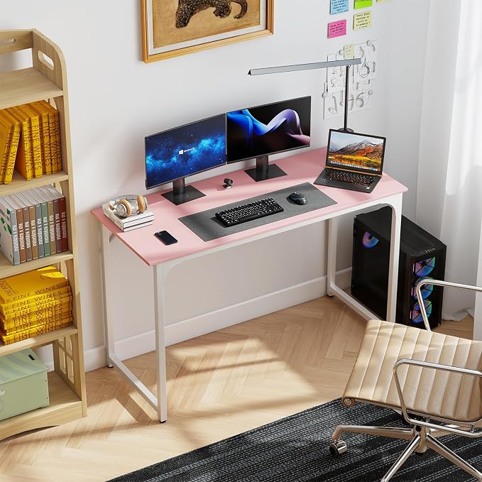 PayLessHere | 47 Inch Computer Desk | Pink | Office Desk with Metal Frame, Adjustable Feet | Water-Resistant, Scratchproof Surface | Sturdy Writing Table for Home Office or Study | Pack of 1 - Image 2