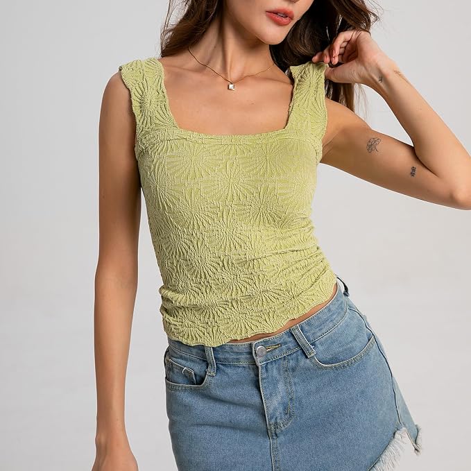 Women's Square Neck Wide Strap Crop Tank Tops Flower Going Out Tops Slim Fit Lettuce Trim Crop Cami Tops - Image 2