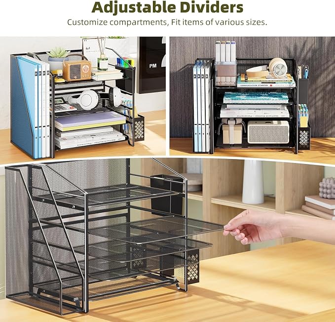 Simple Trending 5-Tier Desk File Organizer, Paper Organizer, Black | Adjustable Letter Trays, Pen Holder & File Shelf, Durable Steel Mesh, Space Saving, for Home Office, 17.5"L x 9"W x 13"H - Image 6