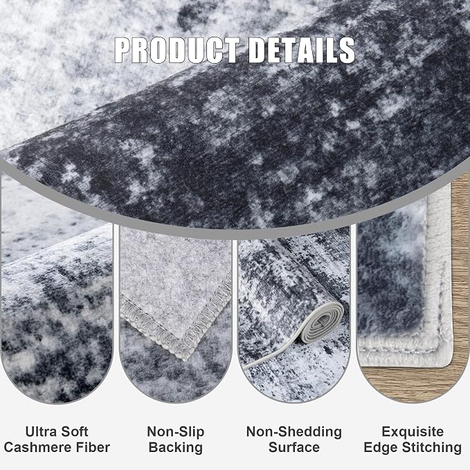 5x5 Area Rug Living Room Rug: Washable Modern Abstract Soft Thin Rug Indoor Floor No Slip Stain Resistant Carpet for Bedroom Dining Room Farmhouse Nursery Home Office - Black - Image 6