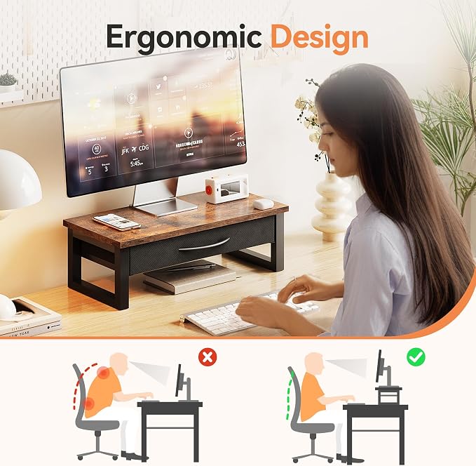 Computer Monitor Stand Riser with Drawer, 2-Tier Desk Accessories & Workspace Organizers, Laptop Stand for Desk with Storage, Office Organization, Wood - Image 2