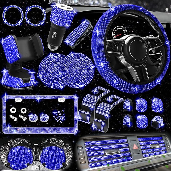 NBTEPEM 27 PCs Blue Bling Car Accessories Set for Women, Steering Wheel Covers Universal Fit 15 Inch, Bling License Plate Frame, Bling Phone Holder, Bling Car Coasters (Blue Diamond) by NBTEPEM