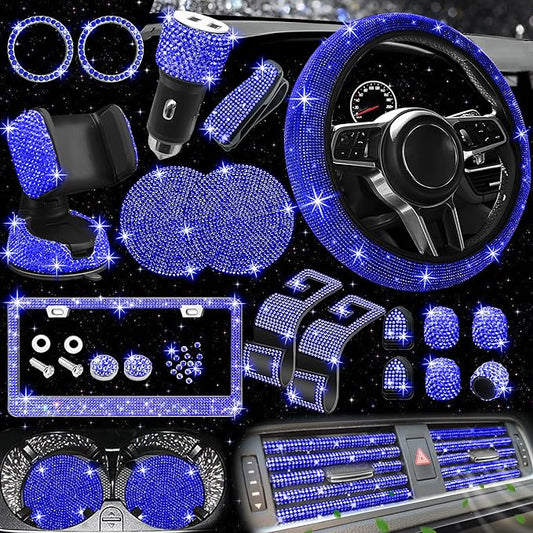 NBTEPEM 27 PCs Blue Bling Car Accessories Set for Women, Steering Wheel Covers Universal Fit 15 Inch, Bling License Plate Frame, Bling Phone Holder, Bling Car Coasters (Blue Diamond) by NBTEPEM