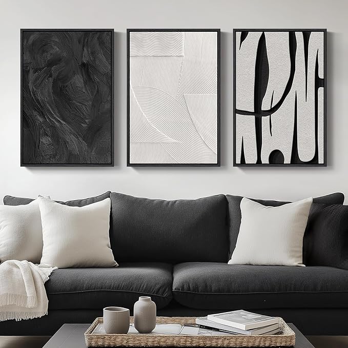 Framed Black and White Abstract Wall Art, 3 Piece Modern Canvas Prints Paintings Art for Walls, Minimalist Black White Abstract Pictures for Living Room Bedroom Dining Room Office Wall Decor 16x24 In by Cuspin