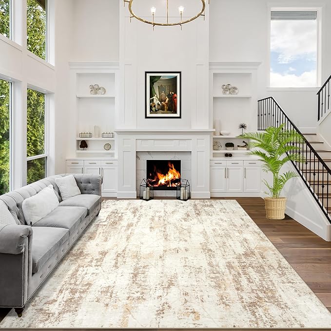 8x10 Area Rugs Washable Rug: Modern Abstract Living Room Rug Soft Anti-Skid Thin Carpet Indoor Floor Non-Shedding Carpets for Bedroom Dining Room Farmhouse Nursery Home Office Beige Grey by GENTDRIZZ
