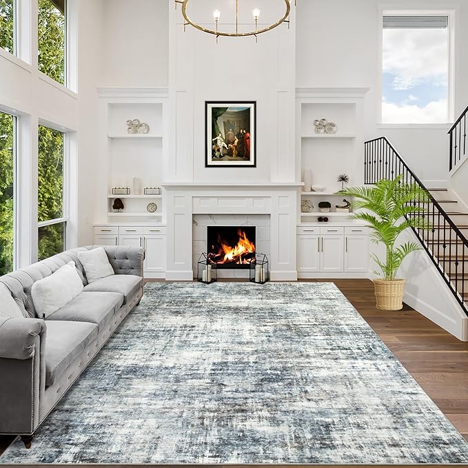 9x12 Area Rugs Washable Rug: Modern Abstract Living Room Rug Soft Anti-Skid Thin Carpet Indoor Floor Non-Shedding Carpets for Bedroom Dining Room Farmhouse Nursery Home Office Blue Multi by GENTDRIZZ