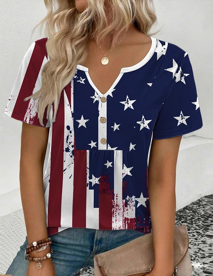 Zeagoo Womens Short Sleeve Tops Summer Henley V-Neck Tshirts Casual Pleated Blouse Dressy Loose Floral Basic Tee - Image 4
