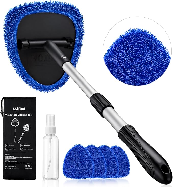AstroAI 21" Extra-Long Windshield Cleaner Tool, Car Interior Detailing Cleaning Kit with Extendable Handle and 4 Upgraded Reusable Microfiber Pads, Auto Glass Wiper Brush Kit for Cars, Blue by AstroAI