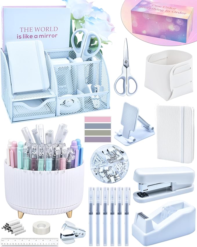 LXEVIHK 20Pcs White Desk Organizers and Accessories With Mesh Desk Organizer and 360°Rotating Pen Holder and a Lot of Office White Office Supplies Beautifully Presented in a Gift Box by StyleYourDeskinOneColor