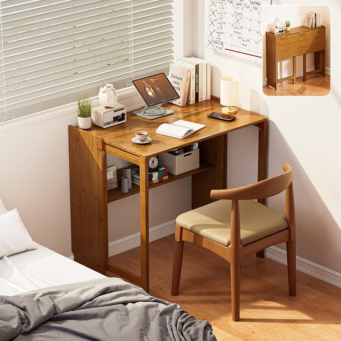 Folding Desk for Small Spaces, Bamboo Foldable Desk with Storage, Brown | Small Computer Desk with Bookshelf, Mid Century, Fold Out，Compact Size, for Bedroom, Living Room, Apartment, Home Office by Unknown