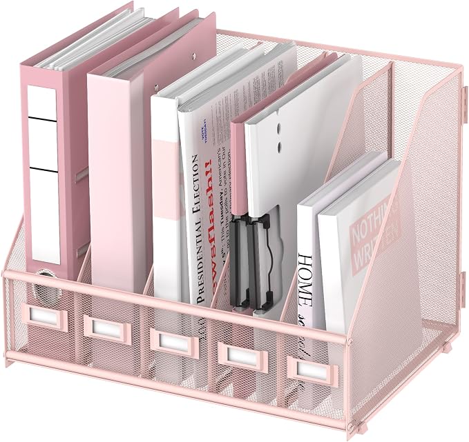 SUPEASY Desk Organizers Metal Desk Magazine File Holder with 5 Vertical Compartments Rack File Organizer for Office Desktop, Classroom, Home Workspace, Pink Plus by SUPEASY
