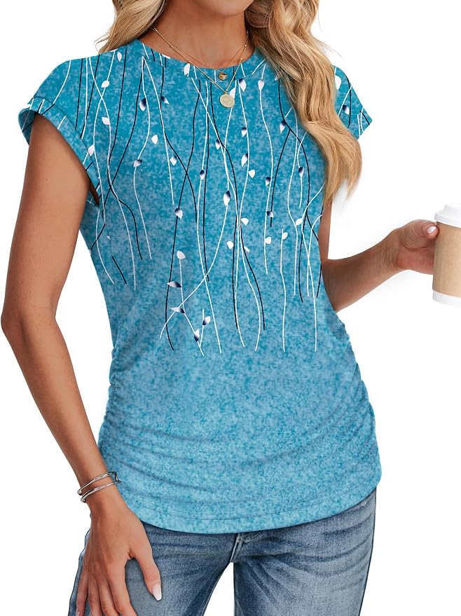 Sampeel Womens Summer Tops Trendy 2026 Ruched Cap Short Sleeve Tshirts Shirts Crew Neck T Shirts Fashion - Image 3