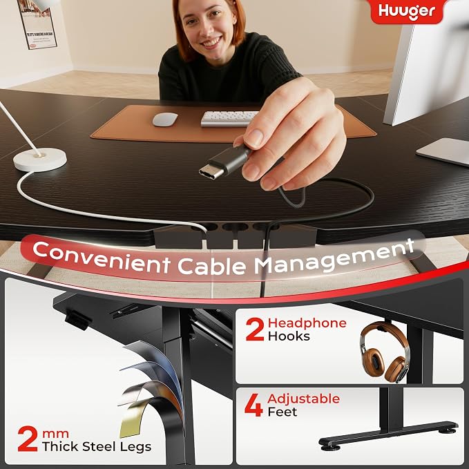 Huuger 71 X 30 Inch Electric Standing Desk with Power Outlets and USB-C Port, Height Adjustable Desk, Sit Stand Desk for Home Office, Computer & Gaming Desk with 4 Presets, Stable Steel Frame, Black - Image 6