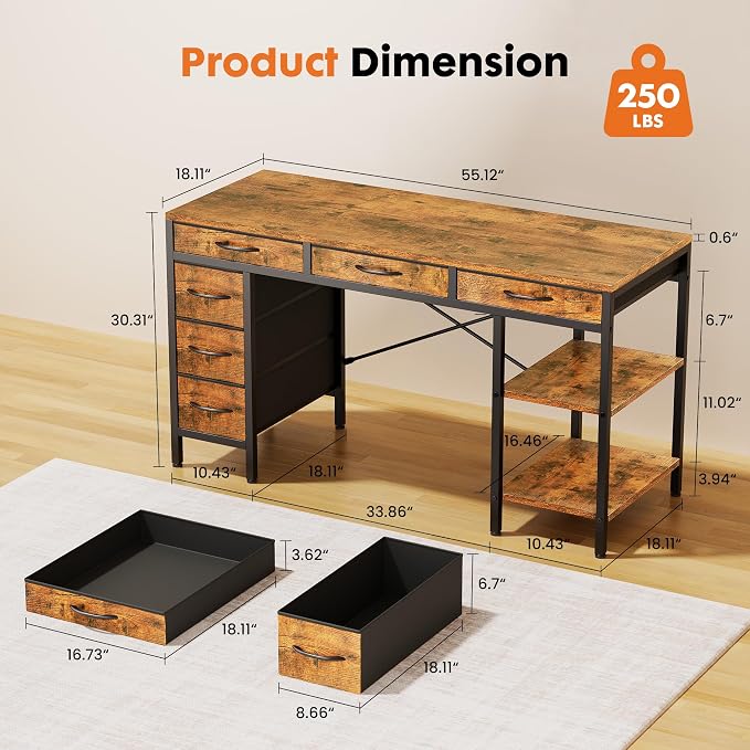 Sweetcrispy 55" Computer Desk with 6 Fabric Drawers & Storage Shelves | Reversible Gaming Desk, Office Desk, Computer Workstation, Corner Desk with Storag, Home Office, Living Room, Rustic Brown - Image 3