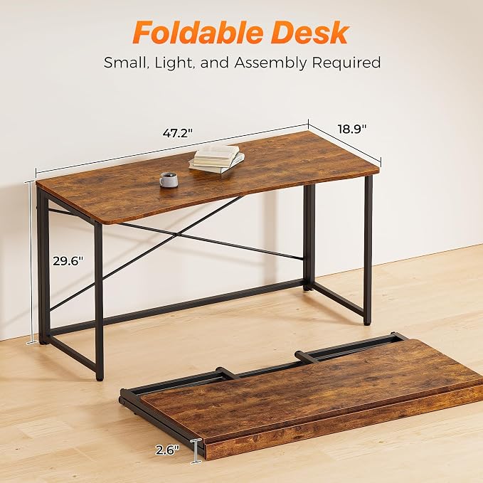 Huuger Folding Desk for Small Spaces, 31.5 Inch Foldable Computer Table, Easy Assembly, for Home Office, Study, Bedroom, Dorm, Space Saving, Small Writing Work Office Computer Desk, Rustic Brown - Image 2