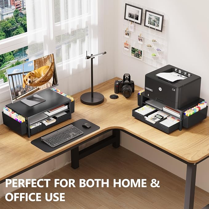 OPNICE Desk Organizer and Accessories, 2-Tier Computer Monitor Stand Riser with Drawer and 2 Pen Holders, Laptop Stand, Office Desk Accessories for Office Supplies, Black 2-Pack - Image 5
