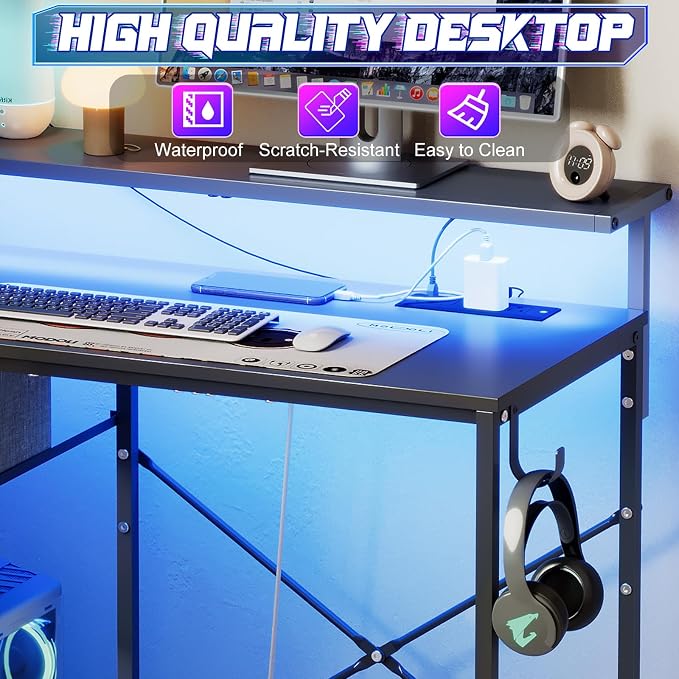 X-cosrack 33.5" Small Gaming Desk with LED Lights & Long Monitor Stand, Compact Computer Desk with Power Outlets & CPU Stand, Gamer Table with Storage Drawer for Home Office, Bedroom Corner, Black - Image 7