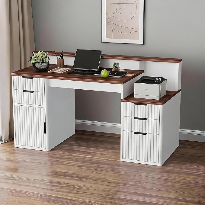 IDEALHOUSE Rectangular Computer Desk with Hutch & Printer Stand, Ripple Door Storage Home Office Desk, Space-Saving Study Writing Desk for Bedroom, Sturdy Board Student Desk with Easy Assembly by IDEALHOUSE