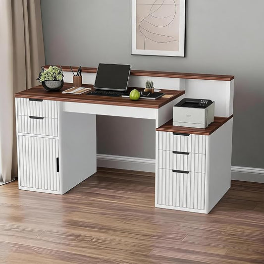 IDEALHOUSE Rectangular Computer Desk with Hutch & Printer Stand, Ripple Door Storage Home Office Desk, Space-Saving Study Writing Desk for Bedroom, Sturdy Board Student Desk with Easy Assembly by IDEALHOUSE