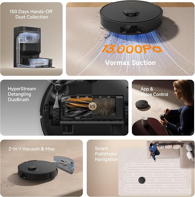 dreame D20 Plus Robot Vacuum and Mop, Detangling DuoBrush for Pet Hair | 13,000Pa Suction, Self-Emptying with 5L Dust Bag, LDS Mapping, App & Voice Control, Ideal for Hard Floors & Carpets - Image 10
