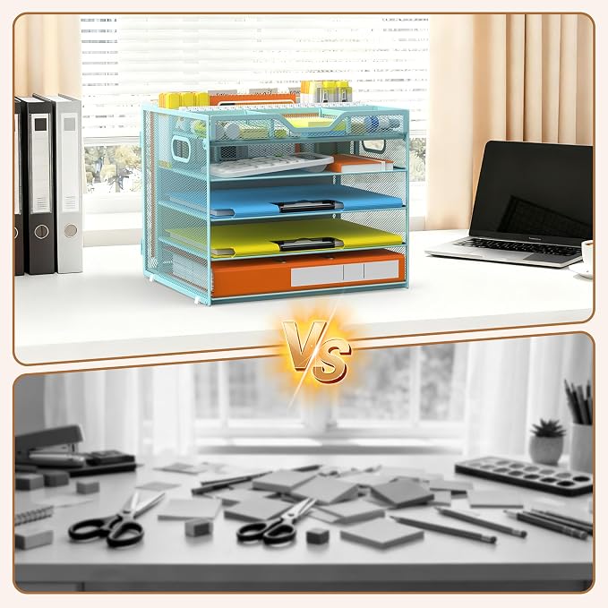 Docnest 5 Tier Desk Organizer with Hanging File Folder Holder&Tray, Blue | Features 3 detachable pen holders and 4 removable dividers.Versatile mesh desktop storage for mail, document,office supplie - Image 5