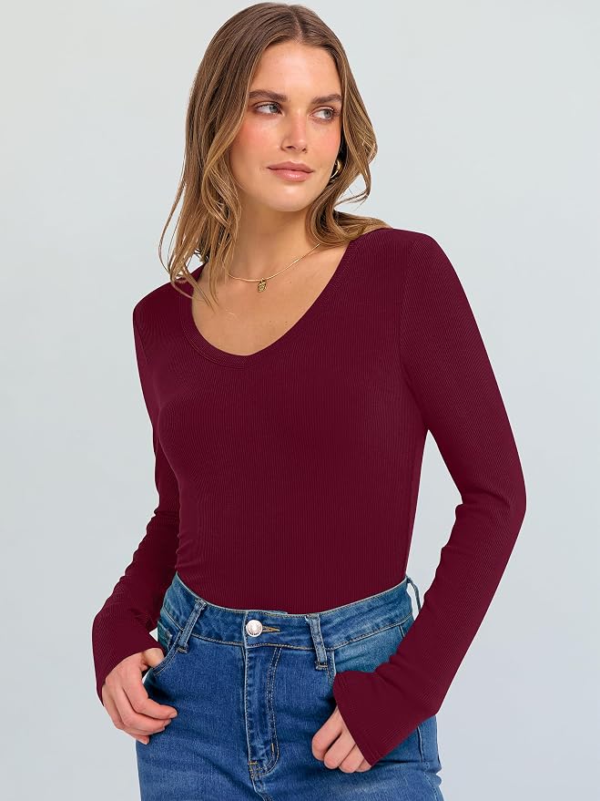 ANRABESS Long Sleeve V Neck Shirts for Women | Soft Comfy Ribbed Knit Fitted Tshirts, Casual Going Out Tops, 2026 Trendy Basic, Fall Winter Underscrub Layering Clothes - Image 4