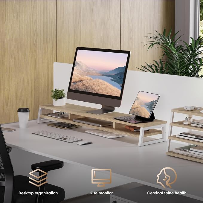 Fenge Dual Monitor Stand for Desk, 42.5in Large Monitor Riser for 2 Monitors, 2 Tier Computer Office Desk Top Shelf, Desktop Storage Stand for Laptop, PC, Computer, Printer - Image 8
